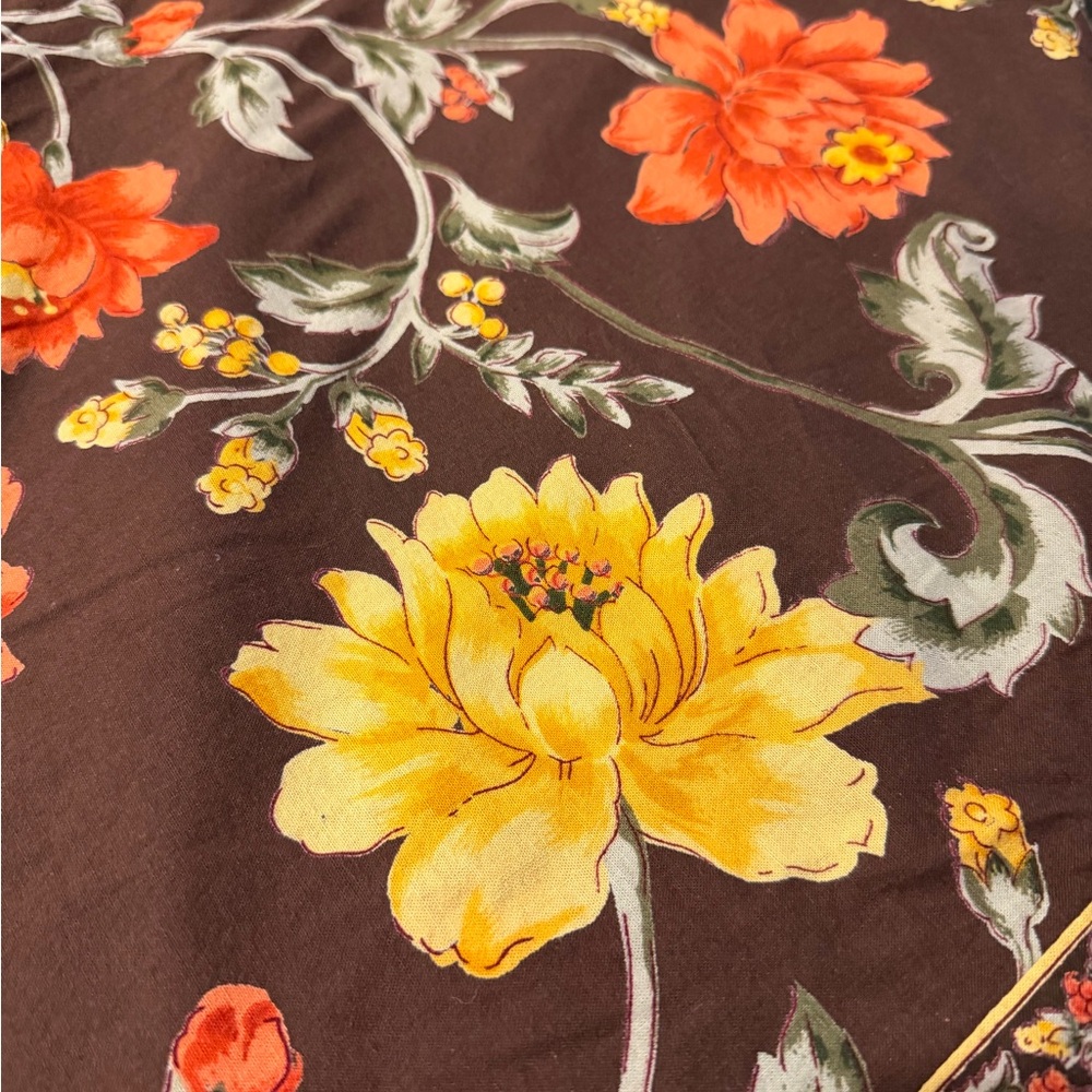 April Cornell Tablecloth Round 84 Brown Floral Top with Yellow, Orange floral